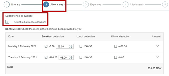screenshot showing the box you tick for meal allowances